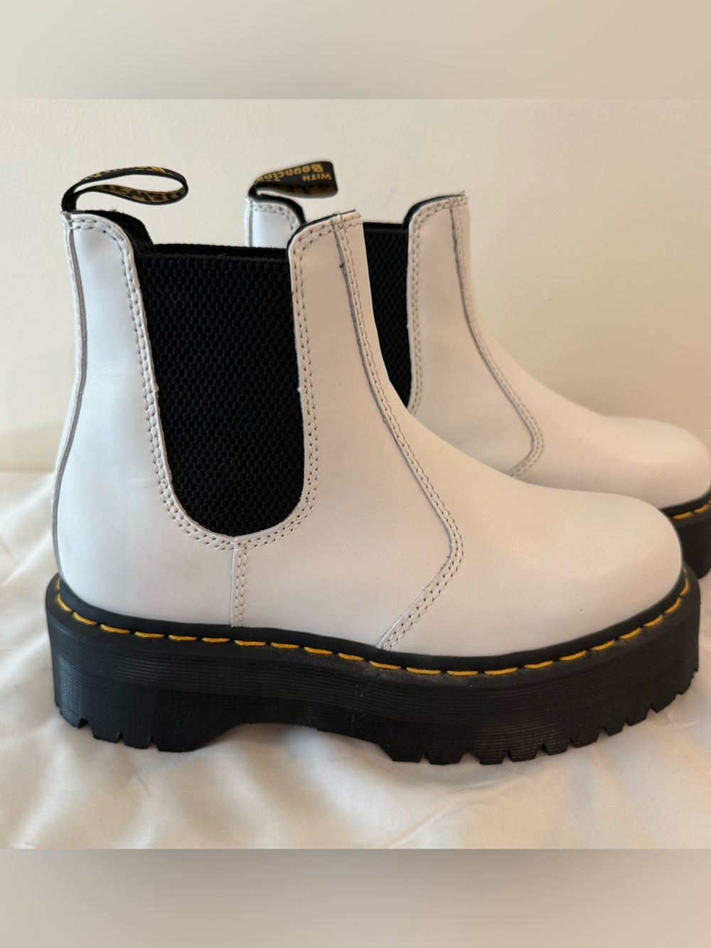 Dr. Martens White Leather Chelsea Platform Boots with Black Elastic